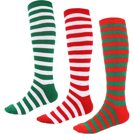 Sophie Knee-High Socks | Soft Fabric, 3-Pack, Red Green White Striped 1