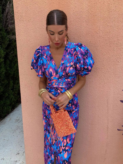 AMERIE | Dress with Pleated Sleeves and Vibrant Print 0