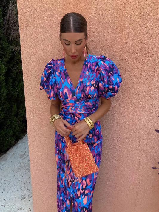 AMERIE | Dress with Pleated Sleeves and Vibrant Print 0