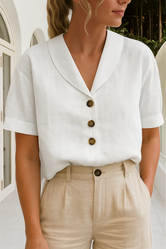 ARVINA | Women's blouse with shawl collar – Short sleeves and button fastening at the front 0