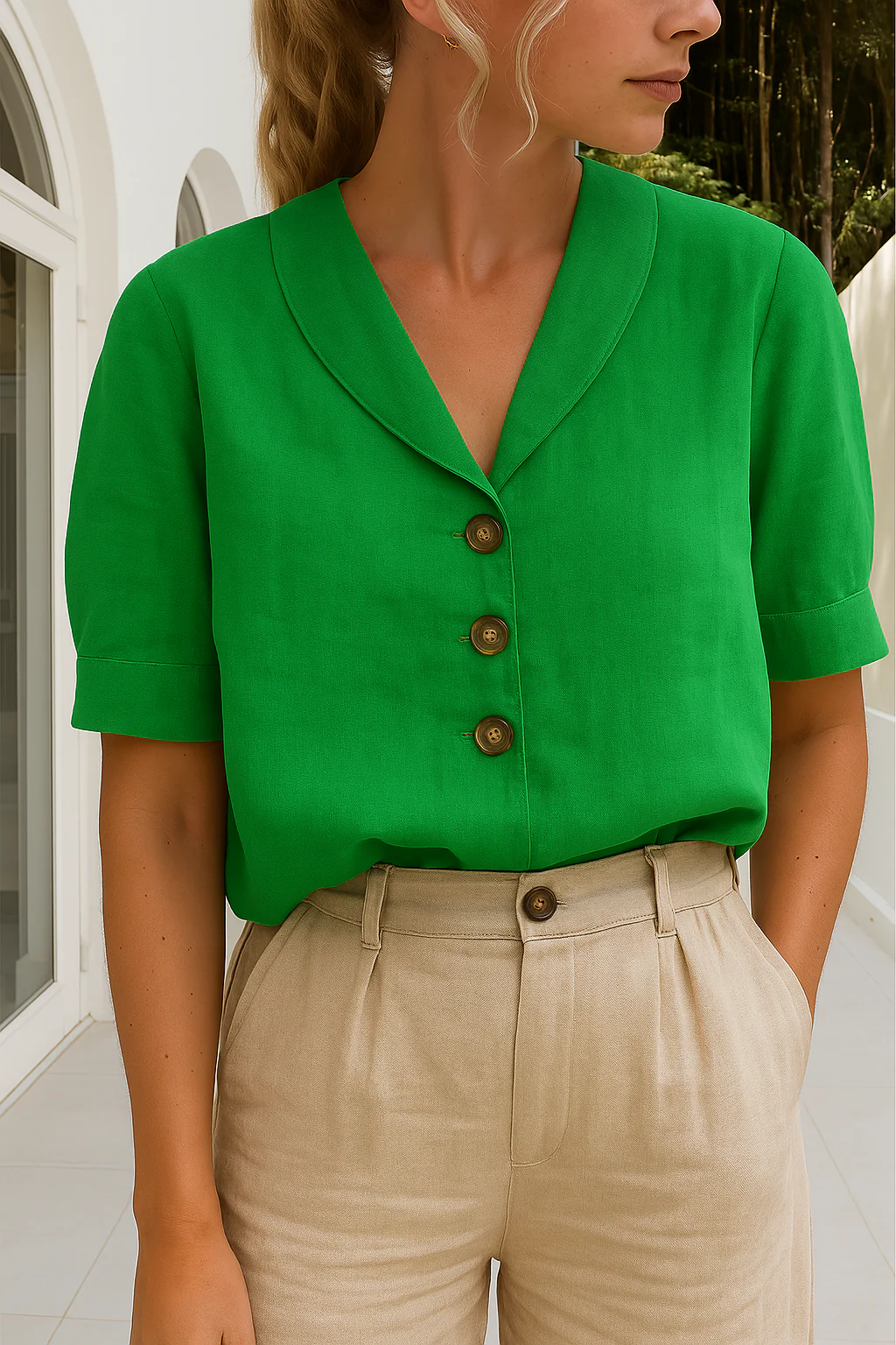 ARVINA | Women's blouse with shawl collar – Short sleeves and button fastening at the front 4