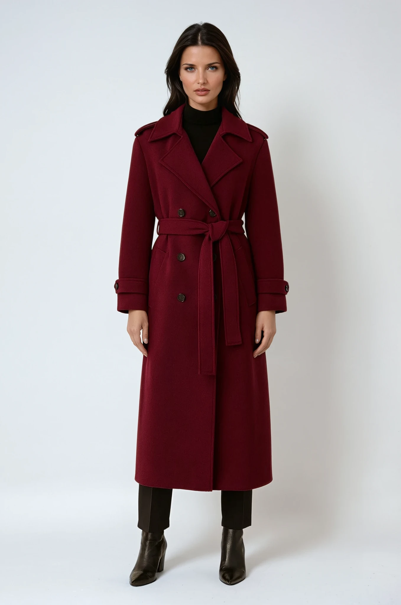 Burgundy Long Women's Winter Coat with Belt and Double Buttons for Style and Comfort 0