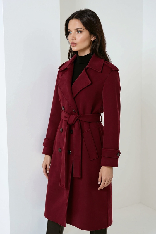 Burgundy Long Women's Winter Coat with Belt and Double Buttons for Style and Comfort 1