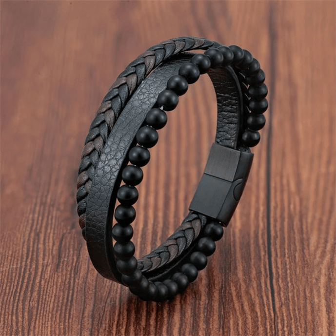 Caro Men's Bracelet Set | Lava Stone & Leather Design, Adjustable 1