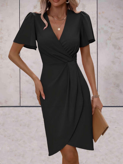 Elegant Wrap Dress with Flowy Sleeves | Slim Fit Cocktail Dress 0