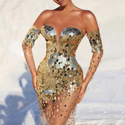 Glamour Women's Party Dress | Sequins, Deep Neckline 3