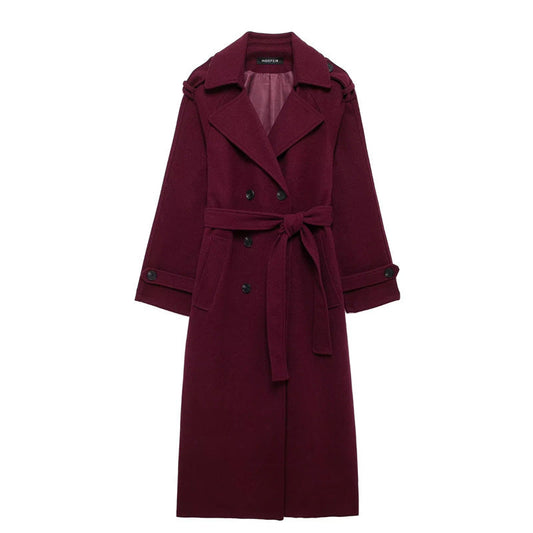 Isla Women's Winter Coat | Burgundy, Long and Elegant Polyester-Wool Blend 0