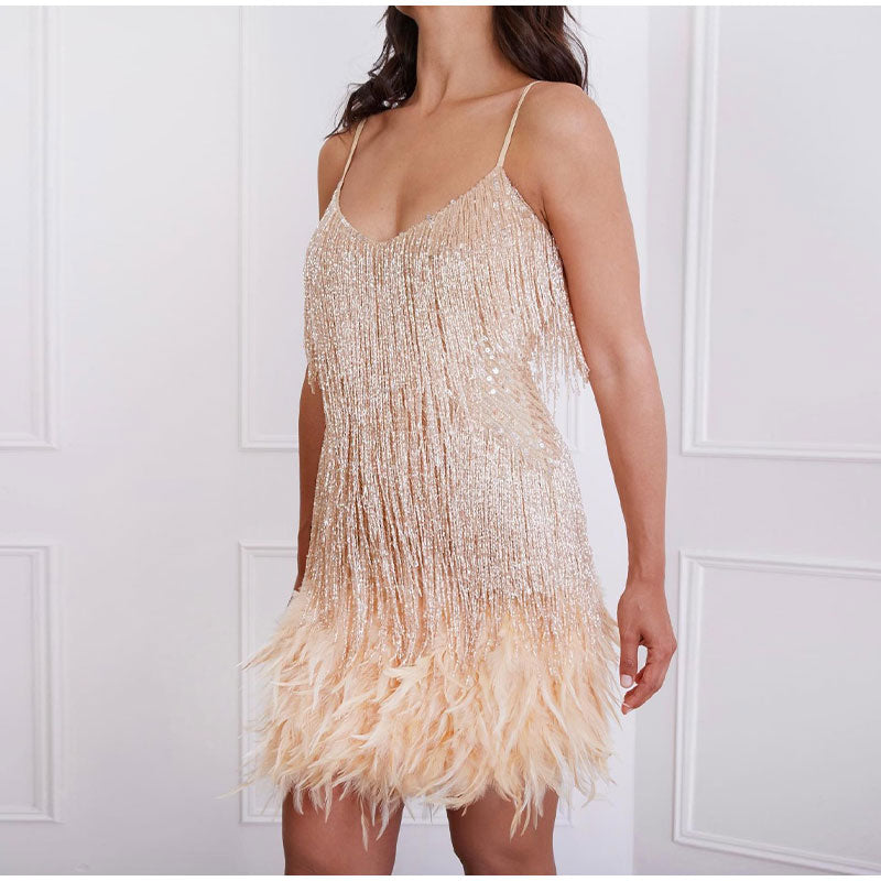 LÉONA | Cocktail dress with sequins and feather accents 11
