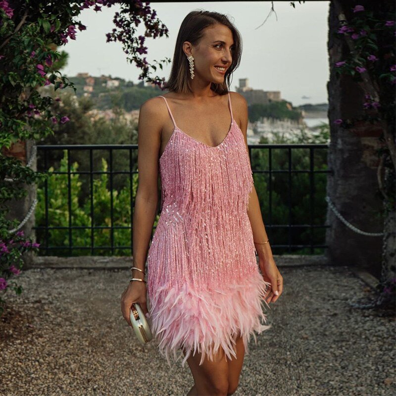 LÉONA | Cocktail dress with sequins and feather accents 6