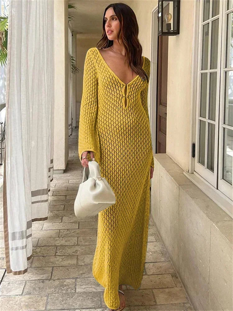 LYSSA | Knitted and Crocheted Beach Dress with V-Neck and Open Back 13