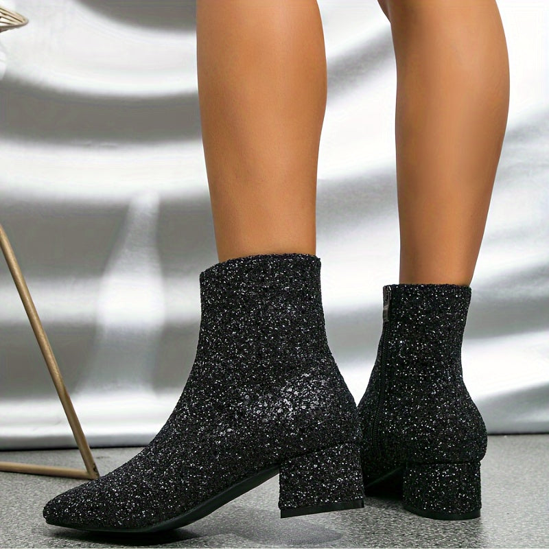 Luna Women's Ankle Boots | Silver Glitter, Block Heel 5 cm 8