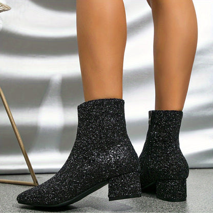 Luna Women's Ankle Boots | Silver Glitter, Block Heel 5 cm 8