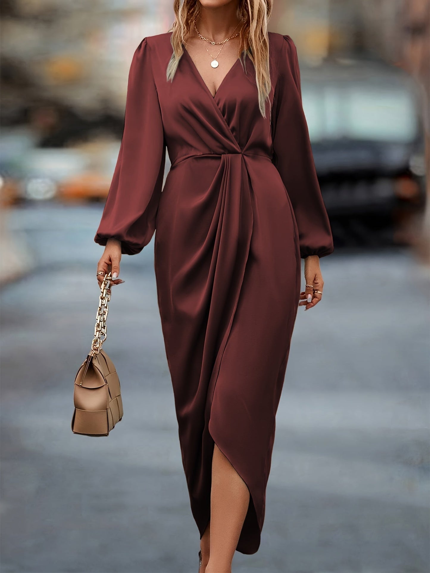 MADELINA | Satin Dress with Long Sleeves for Wedding Guests 1