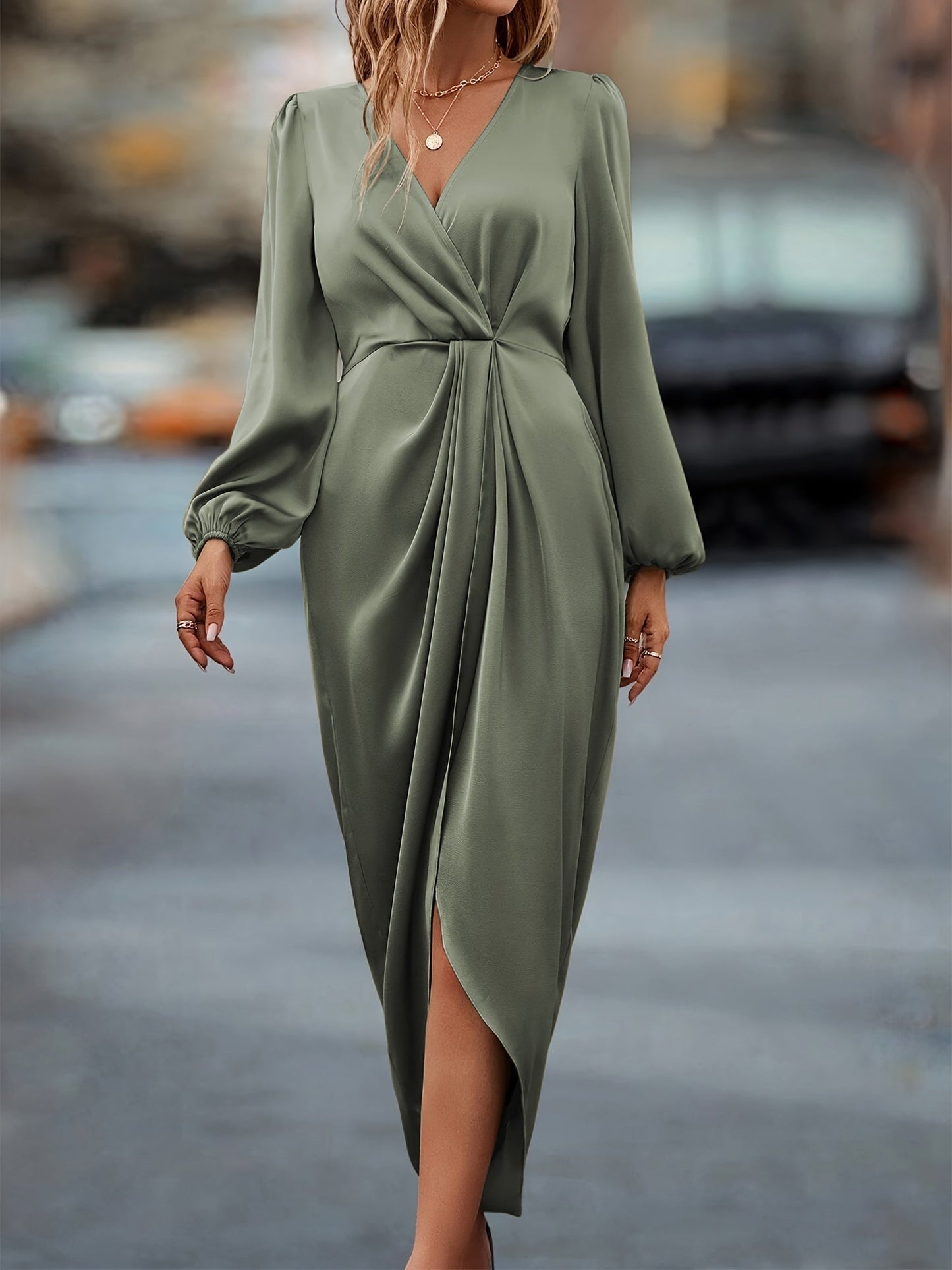 MADELINA | Satin Dress with Long Sleeves for Wedding Guests 2
