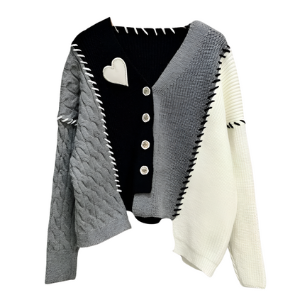 PIXIE | Asymmetrical cardigan with heart appliqué and color accents 0