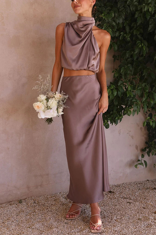 SALVINA | Satin Two-Piece Set with Halter Top & Flowing Maxi Skirt 11