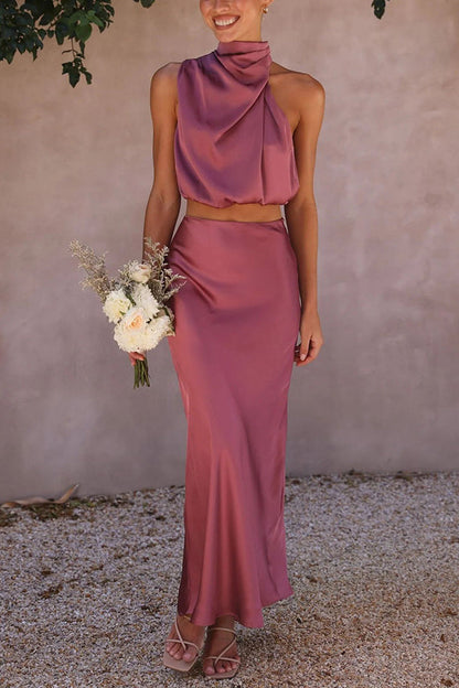 SALVINA | Satin Two-Piece Set with Halter Top & Flowing Maxi Skirt 15