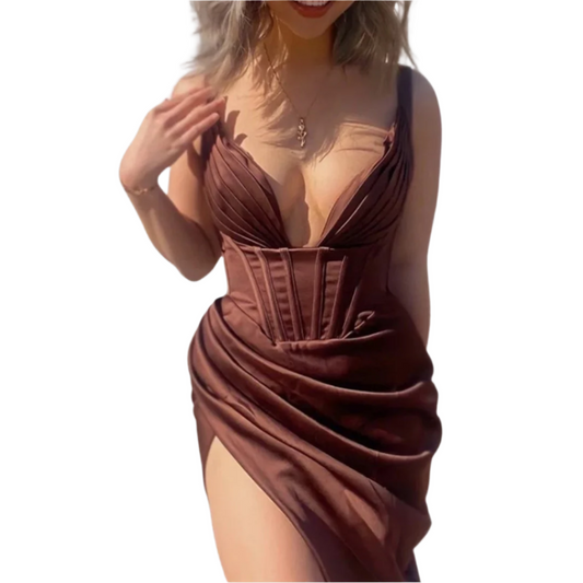 SERENA | Luxurious satin-look dress with deep V-neck and asymmetrical split 0