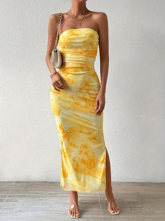 SERENNA | Strapless bodycon evening dress with high slit 1