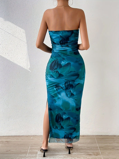 SERENNA | Strapless bodycon evening dress with high slit 4