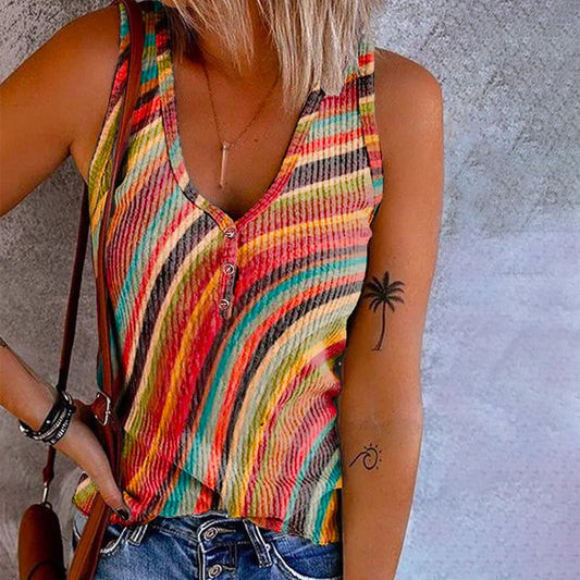 SOLÉNA | Rainbow Striped Tank Top with Buttons 0