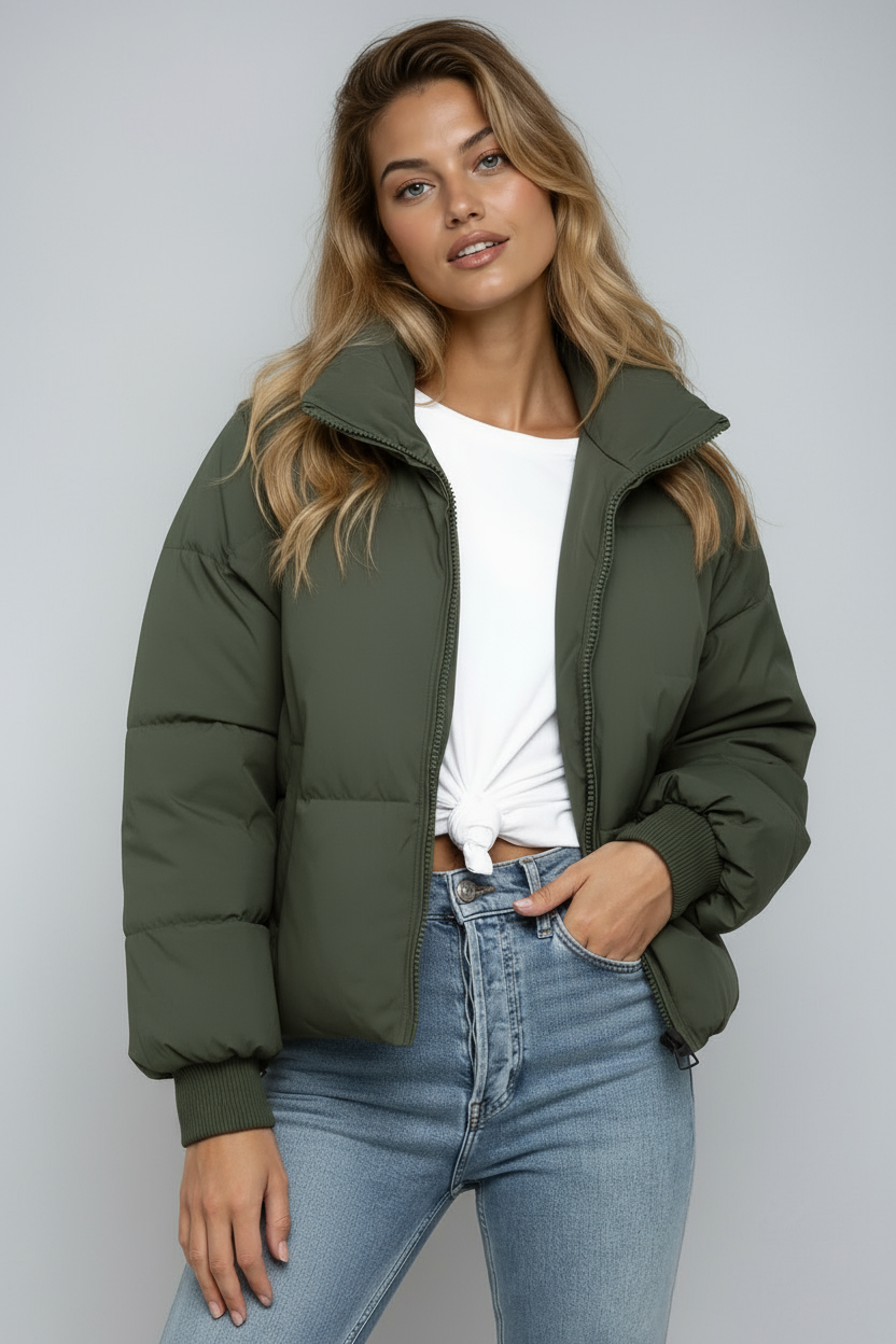 Short Padded Women's Jacket with High Collar and Zipper – Trendy Puffer Jacket for Winter and Autumn 6