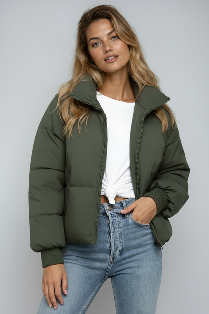 Short Padded Women's Jacket with High Collar and Zipper – Trendy Puffer Jacket for Winter and Autumn 6
