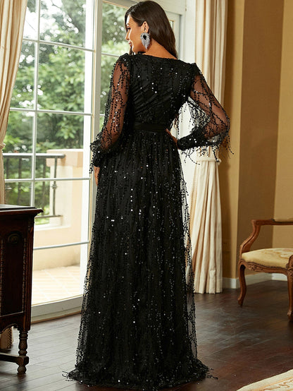 Soraya Noire | Black Sequin Long-Sleeved Evening Gown 4