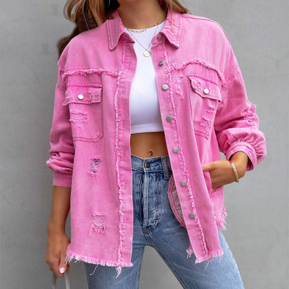 YANELA | Oversized Denim Blouse Jacket with Frayed Details 0