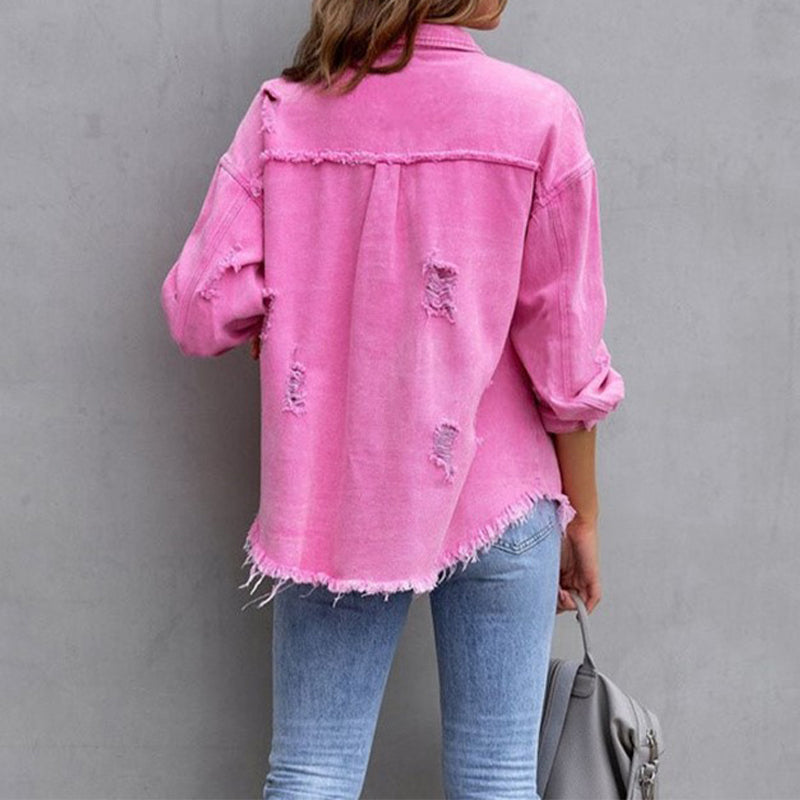 YANELA | Oversized Denim Blouse Jacket with Frayed Details 1