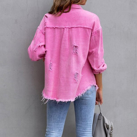 YANELA | Oversized Denim Blouse Jacket with Frayed Details 1