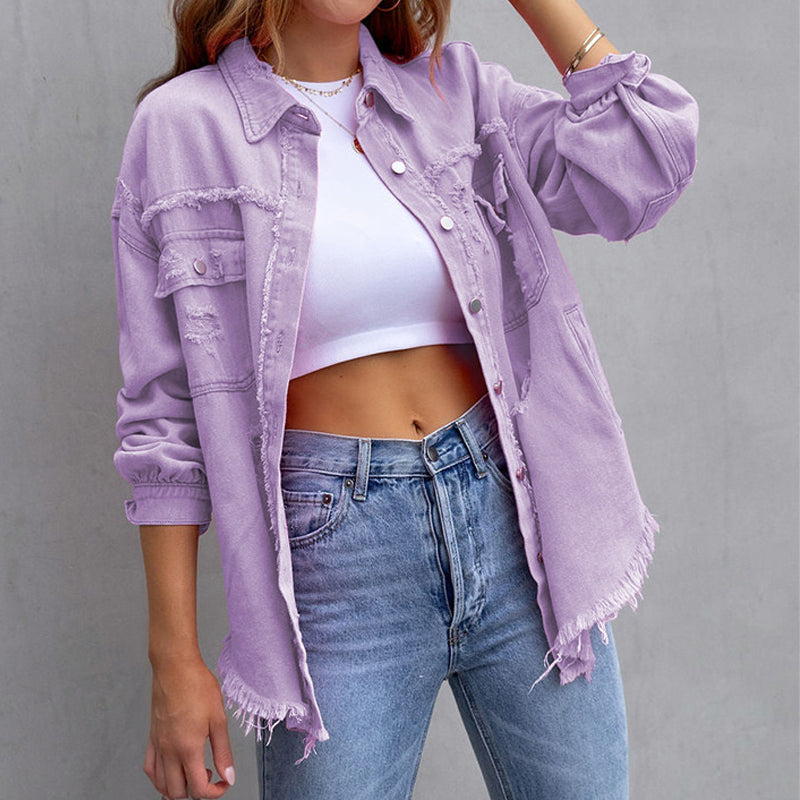 YANELA | Oversized Denim Blouse Jacket with Frayed Details 2